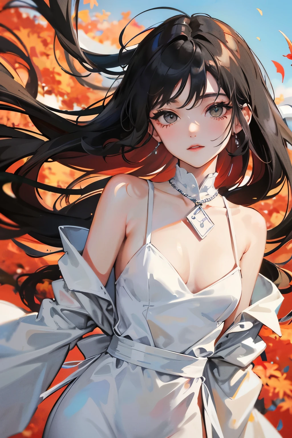 White light,White slip dress,Girl,Long black hair,Fall from the sky