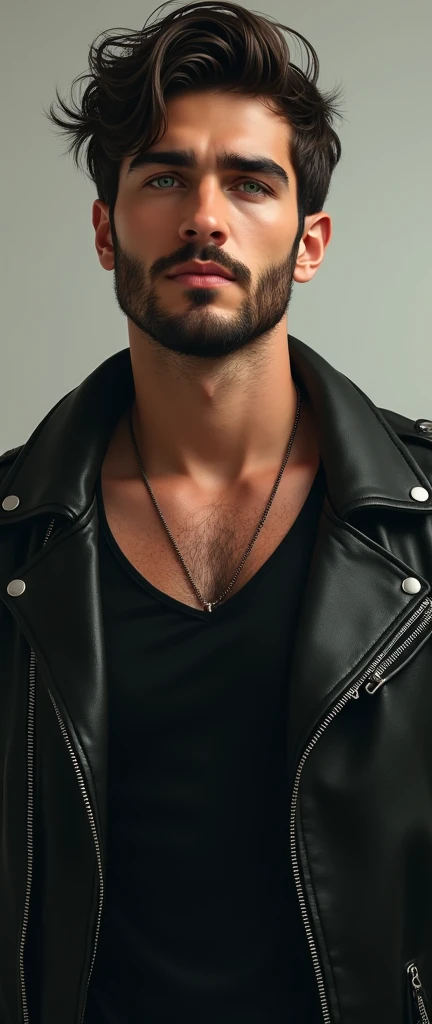 Young man in his 20s wearing black clothes and a leather jacket highlighting his broad shoulders, strong, defined jaw, scruffy beard, sideways smile and green eyes