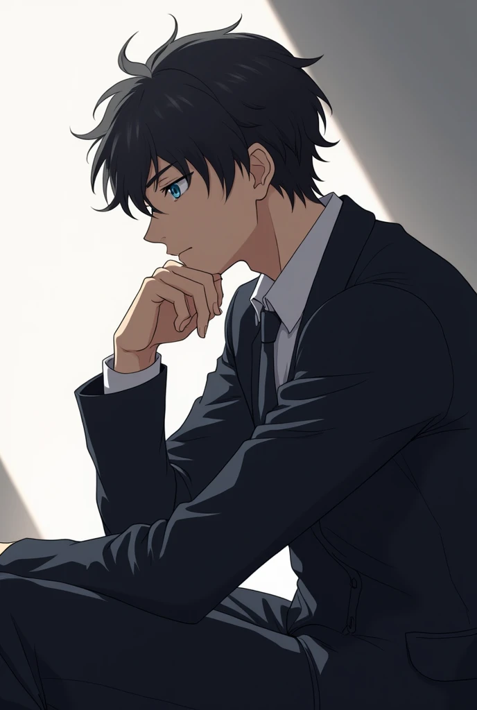 Very serious pensive anime character with hand on chin, most serious man who is to 1 sitting, The most handsome side face.
