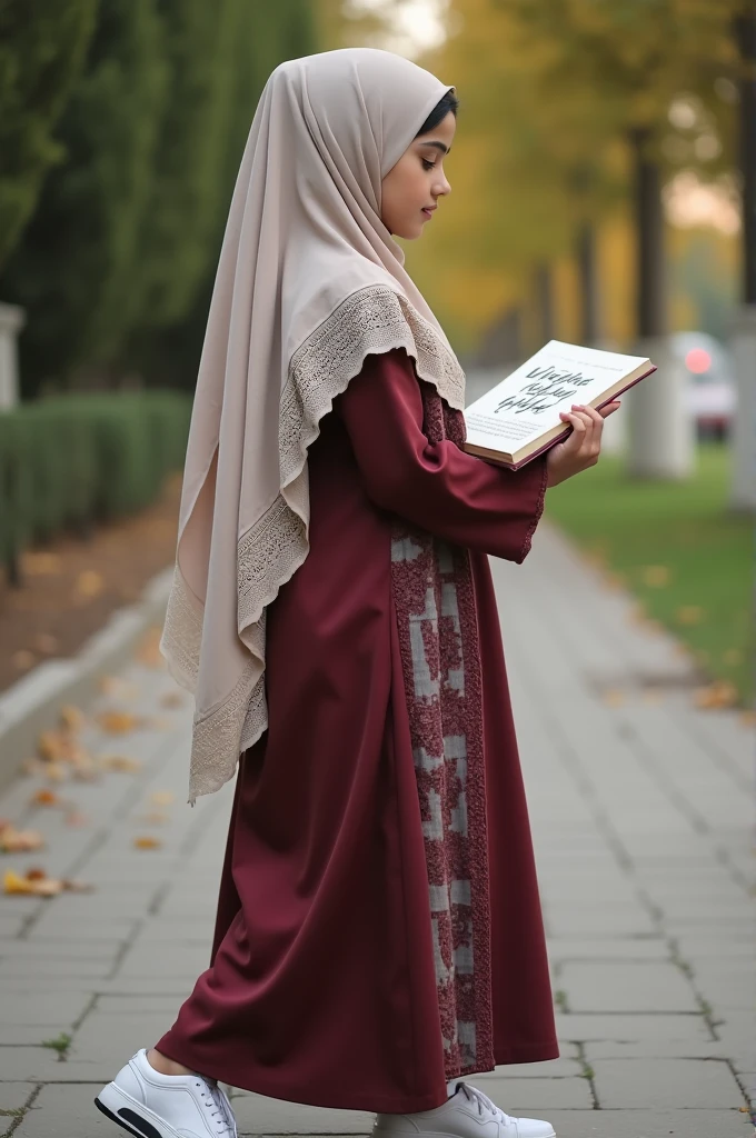 A beautiful hijjabi girl with back side pic wearing white shoes and having book in her hand named wajiha qadri in cursive on it