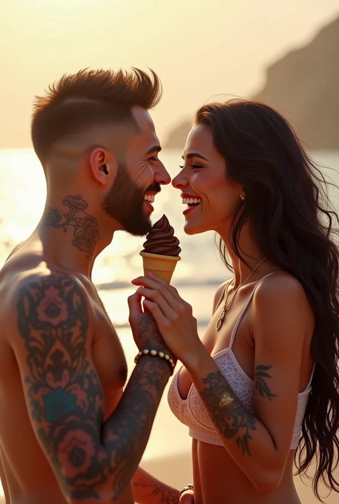 Extremely beautiful heterosexual couple sitting on the beach, laughing and talking. The two are sharing a chocolate ice cream. He wears short hair and a beard. She has long, black hair. They both wear tattoos