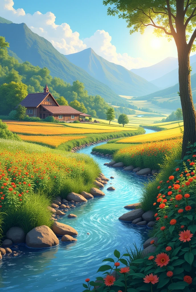 The stream flow left side to right side. The farm is beside of that stream. The farm is very colourful. The morning sun is shining. The blue mountain is a little bit far from that farm.