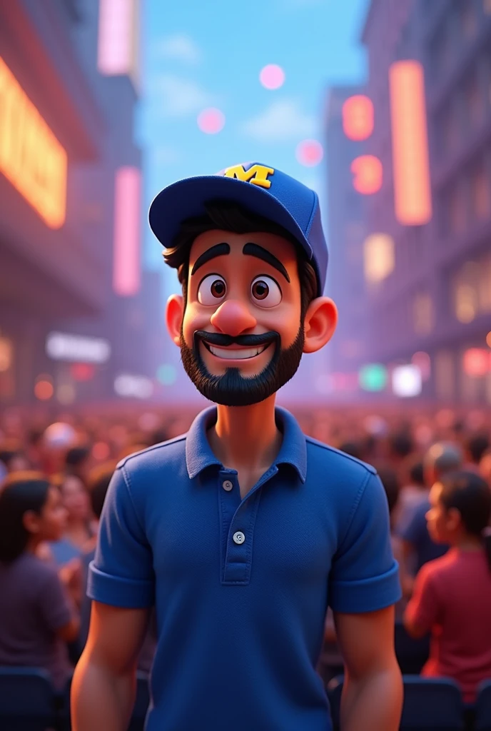 Pixar-inspired 3D poster capturing a background scene with a 3 man with a short, dark beard , square face white man with black hair to the side short lumberjack style dressed in blue polo shirt or suit with a blue cap with the letter m on the cap light skin color happy in a studio where there is an audience