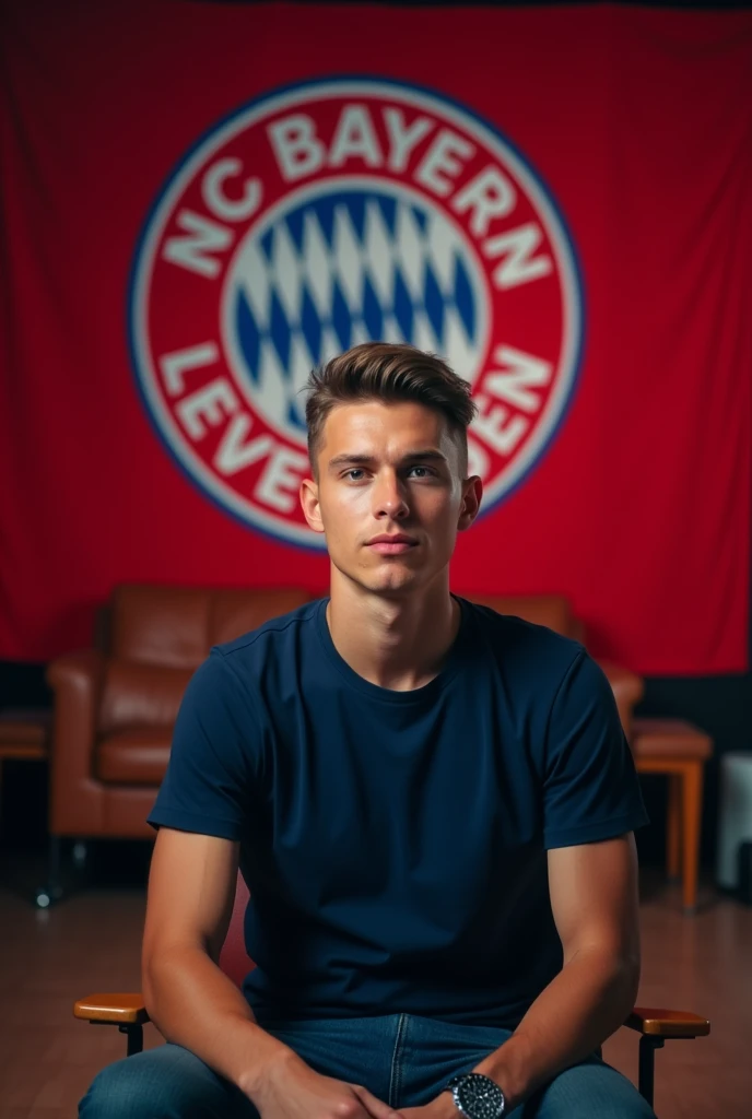 The young man wearing a dark blue,red t shirt sitting on a chair looking straight to the camera with cinematic YouTube studio with real Bayern Leverkusen
football flag,