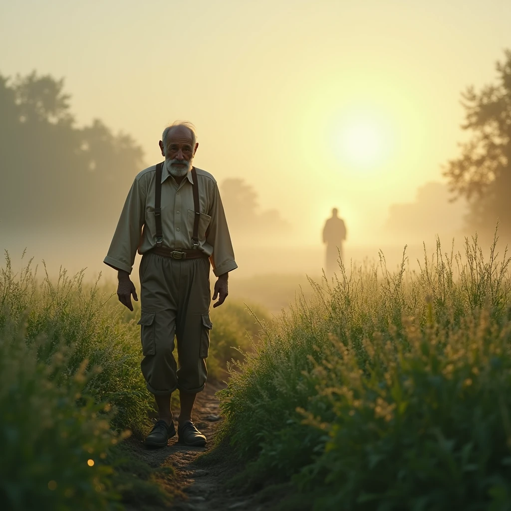 Visualize an early morning fog lifting from a lush, green field as a farmer walks through it, touching the wet crops with a sense of gratitude. Jesus stands at the end of the path, illuminated by soft light, representing the patient wait for the Lord’s coming.