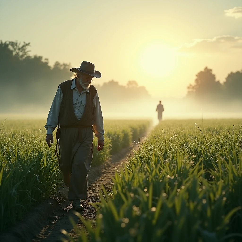 Visualize an early morning fog lifting from a lush, green field as a farmer walks through it, touching the wet crops with a sense of gratitude. Jesus stands at the end of the path, illuminated by soft light, representing the patient wait for the Lord’s coming.