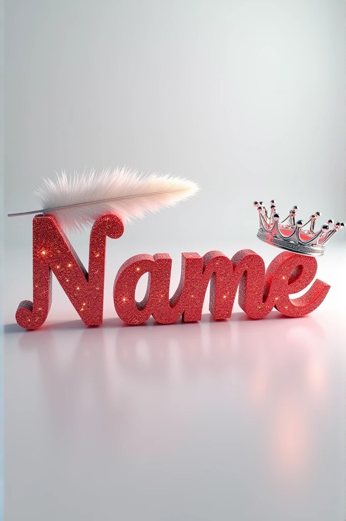 "a high-resolution digital artwork with a luxurious silver crown resting on the upper left part of the name "Your Name" in bold, sparkling light red, vertically, the accurate name with no errors, and a soft elegant feather lying across the top of the letters. Ensure the background is a clean, light grey to make the text and embellishments stand out.