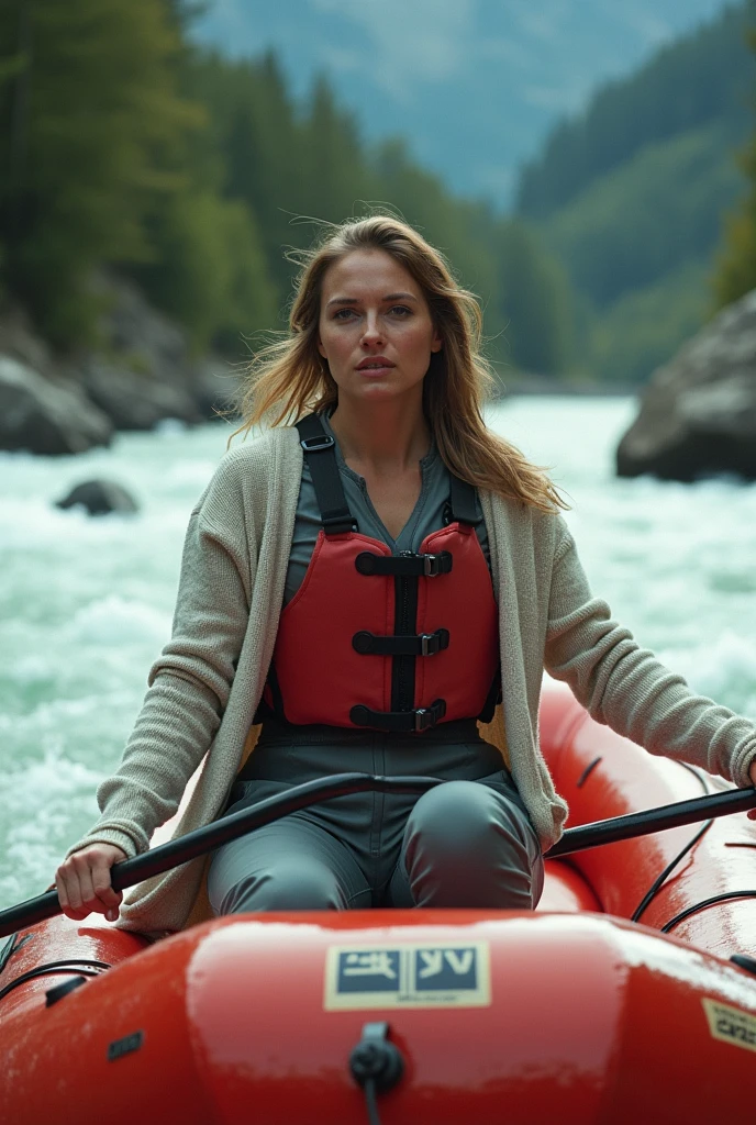 lifestyle capture of cinematic photo DoraVenterQuiron woman, . 35mm photograph, film, bokeh, professional, 4k, highly detailed, realistic, a woman White-water rafting wearing Cardigan and Stirrup pants: Pants with straps that go under the feet to hold them in place.,. 50mm lens, f/2.8, candid, vibrant colors
