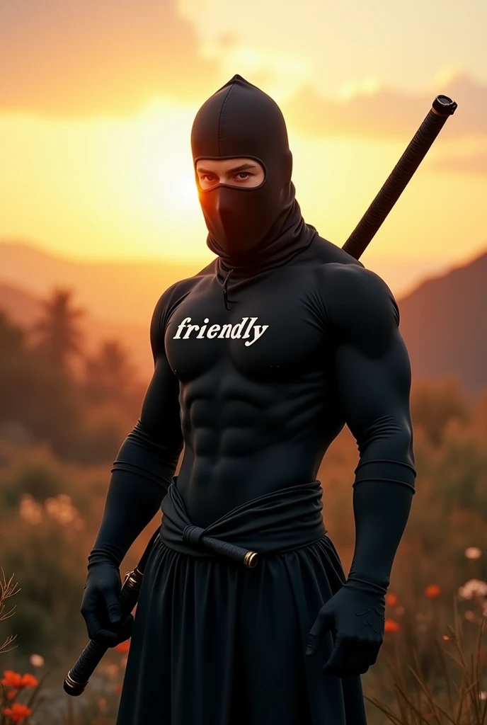 A male black ninja under the dawn with a sword with the wording FRIENDLY on his chest