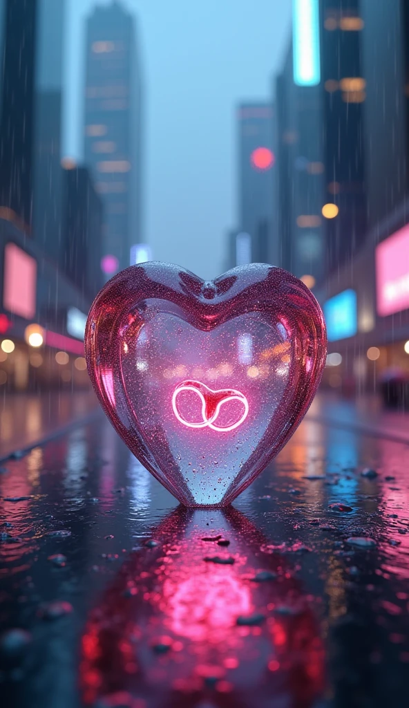 Rain landscape、City、3D glass open heart、Neon color、There are two engagement rings inside the glass heart、Fantasy、romantic、high resolution、Wide angle、distinct、Real、vivid、beautiful、masterpiece、Light and shadow details、The water is clear and shiny、The water faithfully reflects the scenery、Zoom out 2x、Pinky finger slash、