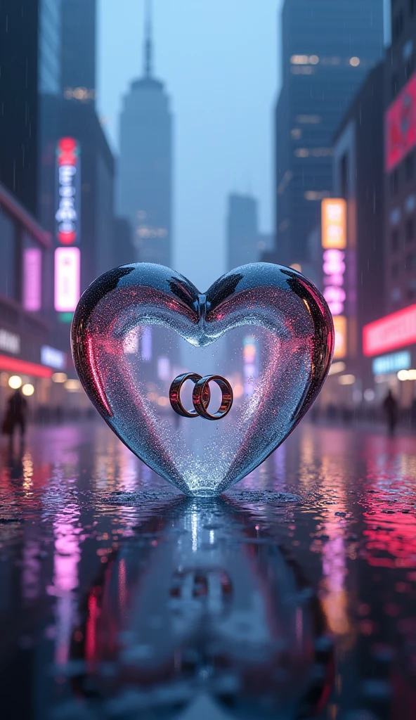 Rain landscape、City、3D glass open heart、Neon color、There are two engagement rings inside the glass heart、Fantasy、romantic、high resolution、Wide angle、distinct、Real、vivid、beautiful、masterpiece、Light and shadow details、The water is clear and shiny、The water faithfully reflects the scenery、Zoom out 2x、Pinky finger slash、