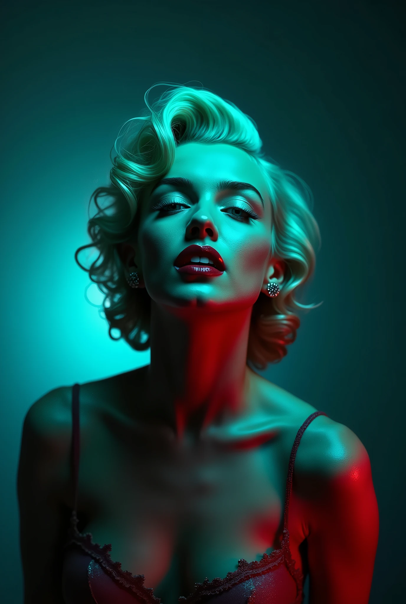 Portrait of Marilyn Monroe with blue-green lights illuminating most of it and red lights coming from below in a studio with an empty background