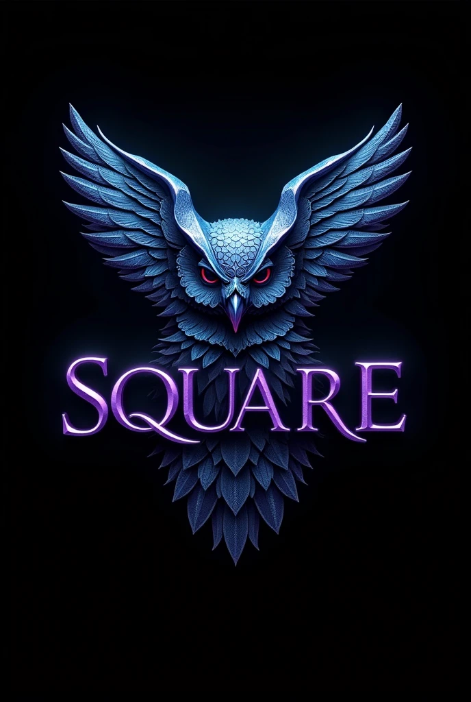 LR logo with metallic purple letters, Black background and metallic blue owl with scales and phoenix