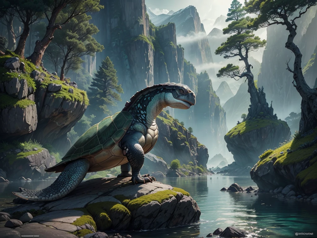 a legendary turtle galapagos in the mountains, stone gray shell, green tree pattern, long black snake tail, intelligent and agile movements, controls earth and rocks, creates safe paths, symbol of wisdom and protection, 8k, highly detailed, photorealistic, cinematic lighting, dramatic lighting, vibrant colors, fantasy landscape, lush vegetation, misty mountains, serene lake, dramatic composition