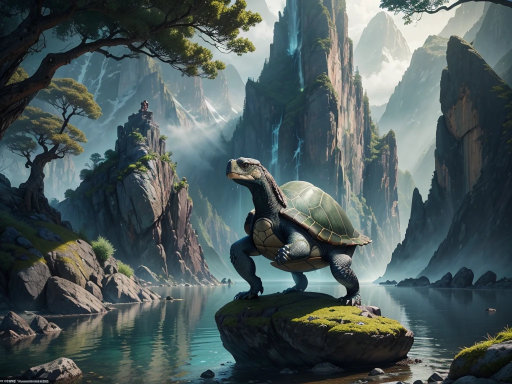 a legendary turtle galapagos in the mountains, stone gray shell, green tree pattern, long black snake tail, intelligent and agile movements, controls earth and rocks, creates safe paths, symbol of wisdom and protection, 8k, highly detailed, photorealistic, cinematic lighting, dramatic lighting, vibrant colors, fantasy landscape, lush vegetation, misty mountains, serene lake, dramatic composition