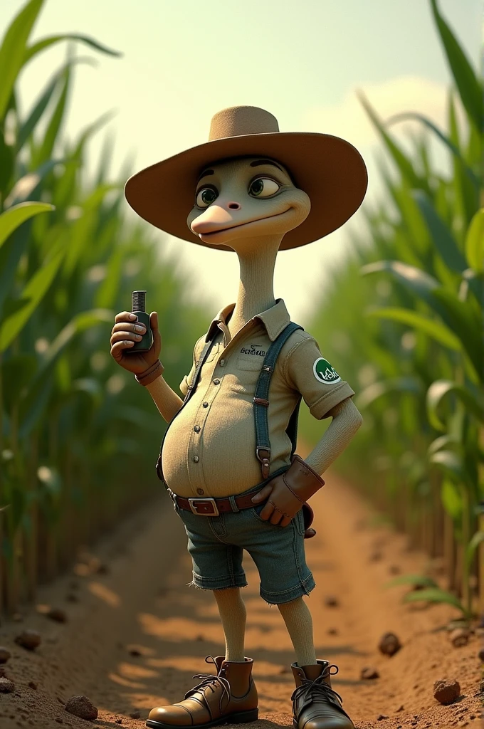 I would like an image of Rango from the movie, with a noticeable belly, dressed in work shoes (burros), standing in the middle of a cornfield. The character should be holding manual counters, like the ones used to count objects or people. The environment should be detailed, with tall, green corn, and the character should be in a pose that reflects that they are counting something important in the field. Additionally, please include the Dekalb brand logo on the character's shirt