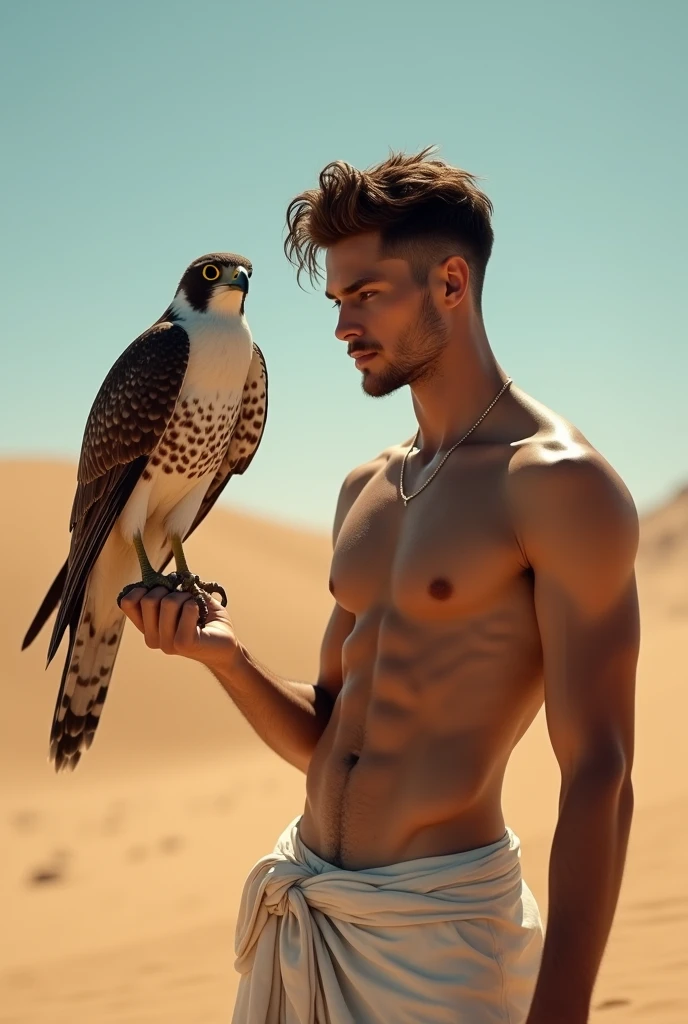 A handsome beautiful slim shirtless white skin man in the desert with a falcon
