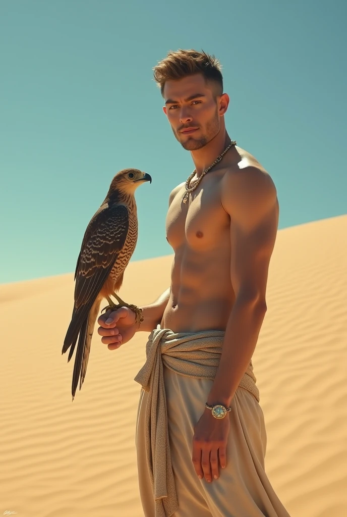 A handsome beautiful slim shirtless white skin man in the desert with a falcon