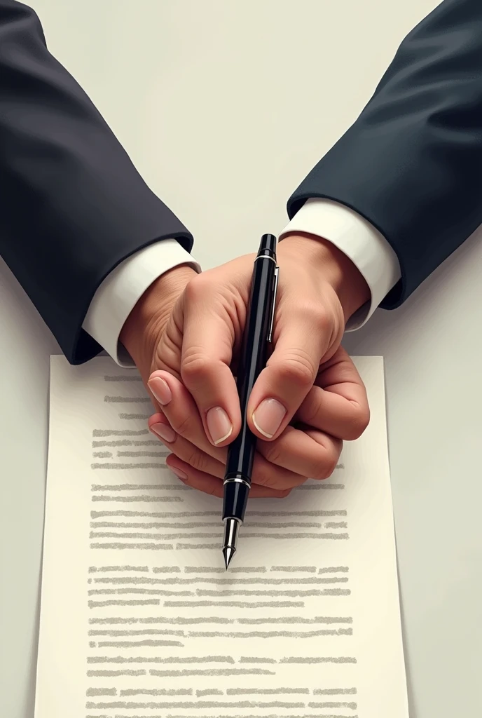 Make a drawing of two hands intertwined with a pen signing a deal