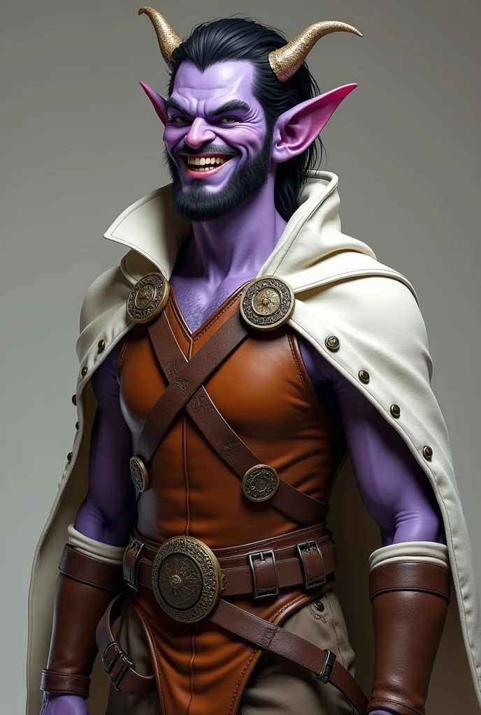 (photorealism:7.5), light purple tiefling, black hair and trimmed beard, wearing brown leather armor on chest with a white cape, brown pants and boots, laughing, small horns