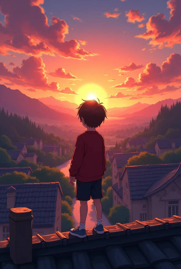 1 boy, with clases, , Brown eyes, Brown hair, red sweatshirt, standing on top of the roof, in background beautiful village sunset view, boy watching sunset,anime arte