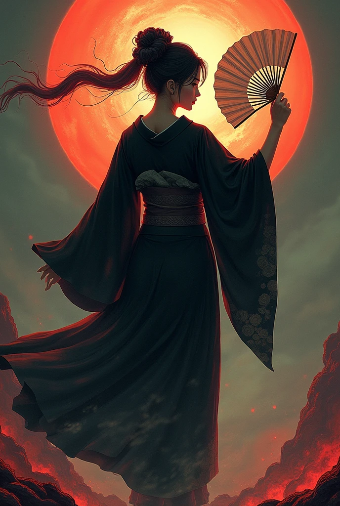 ((Highest quality)), ((masterpiece)), (detailed),One woman, Woman in yukata、Painful face、Back view、Portrait、The yukata pattern is black long-sleeved、The background is Japanese hell、扇子で舞う女性のBack view、Give it a dynamic feel、Fantastically、