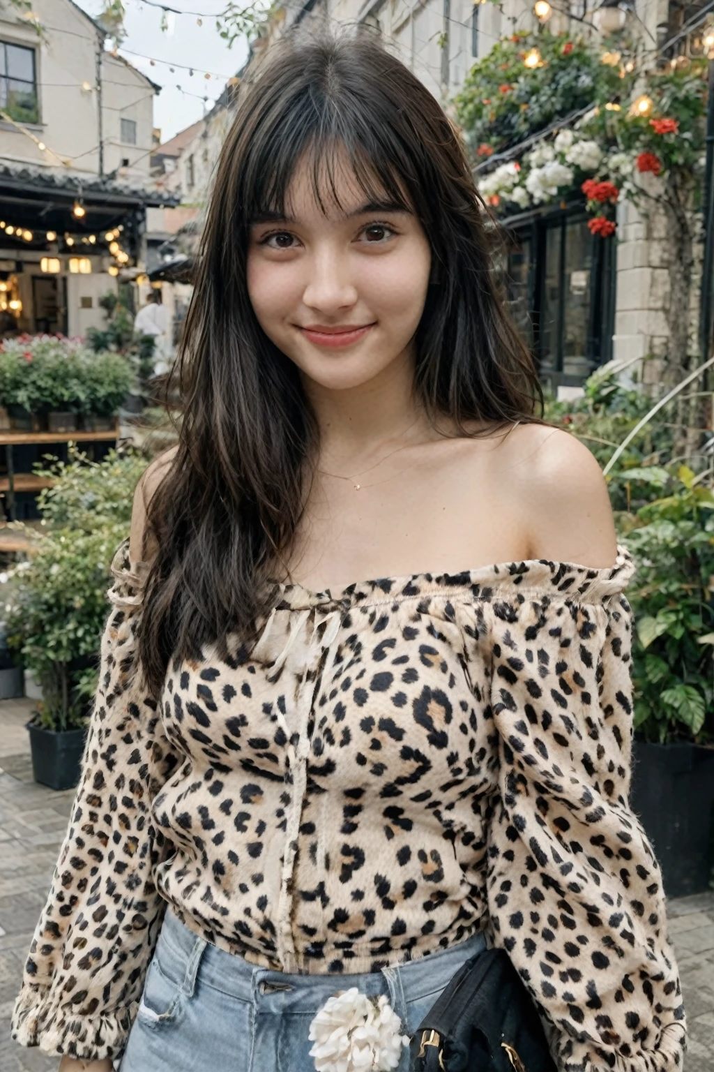 9-year-old beautiful girl, semi-long, wild girl, off-the-shoulder tank top, one-shoulder, leopard print