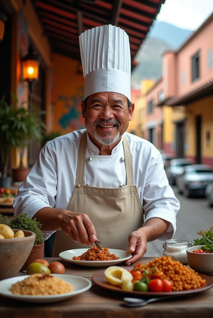 I want you to create 4 images of the same person who is a chef of typical Bolivian cuisine and obviously resides in the same country, more specifically in La Paz.