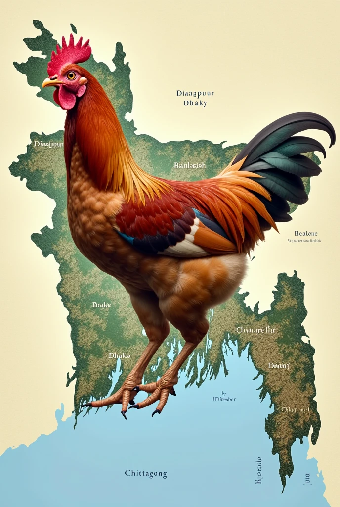 Certainly! He
"An edited political map of Bangladesh where a right facing chicken’s body is integrated into the map. The chicken’s leg should be placed directly over the Chittagong region, with the leg and map subtly blended together using a slight blur effect. The blur should be just enough to make both the Chittagong region and the chicken leg visible and distinct while ensuring they blend naturally. The map and chicken should retain realistic details, with the map remaining clearly visible. In a way where the map of Bangladesh looks like a chicken flapping wings with sylhet looking like wing and Chittagong looking like a leg. Chicken head is on dinajpur and body on dhaka and leg on Chittagong 

Chicken has left facing body on map with leg on Chittagong 