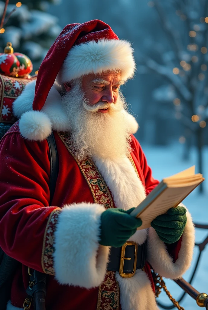 Santa, in his red suit trimmed with white fur, diligently prepares his sleigh for departure. The image hyper realist, showcasing Santa's rosy cheeks and twinkling eyes as he checks and double-checks his lists and gifts. The snowy landscape around him glistens in the moonlight, adding a touch of magic to the scene. Every detail, from the intricate patterns on his suit to the gleaming bells on the reins, is expertly depicted, creating a captivating and enchanting image of Christmas cheer and anticipation.