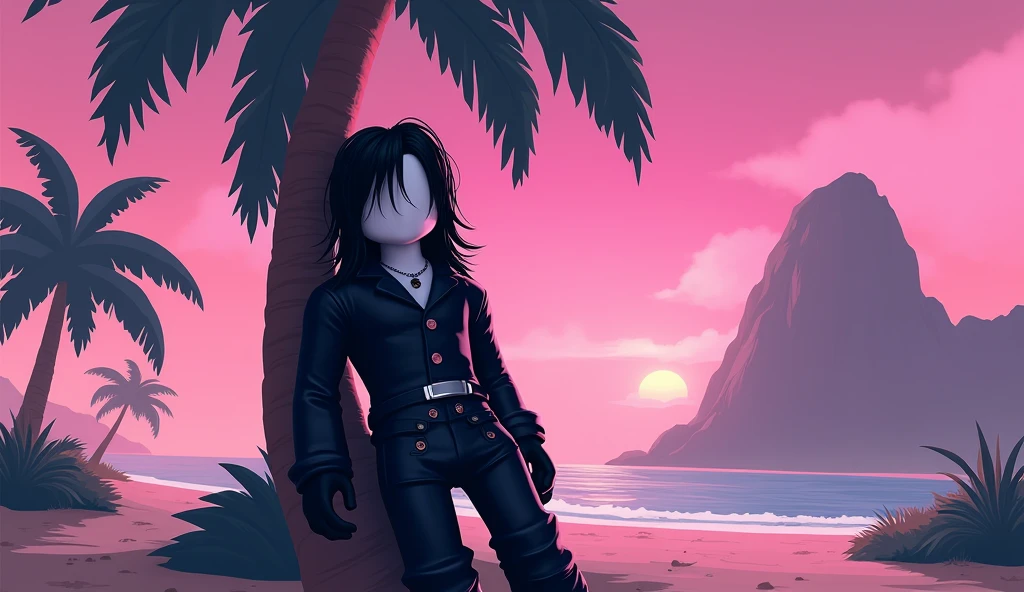 Handsome tall square Roblox male doll, with long black rocker hair, emo clothes and no lips, white skin, no mouth, and beautiful body, leaning on a palm tree, cartoon, Vice City GTA, stone mountain background on the beach with pink sky