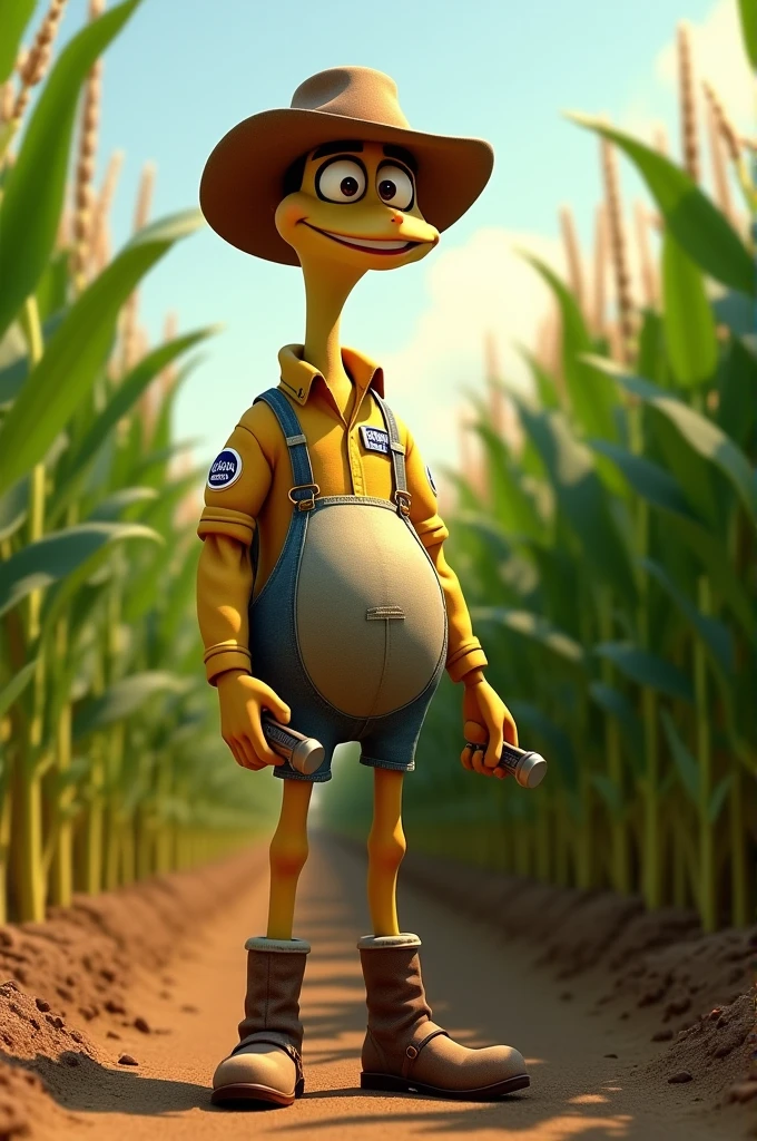 I would like an image of Rango from the movie, with a noticeable belly, dressed in work shoes (burros), standing in the middle of a cornfield. The character should be holding manual counters, like the ones used to count objects or people. The environment should be detailed, with tall, green corn, and the character should be in a pose that reflects that they are counting something important in the field. Additionally, please include the Dekalb brand logo on the character's shirt