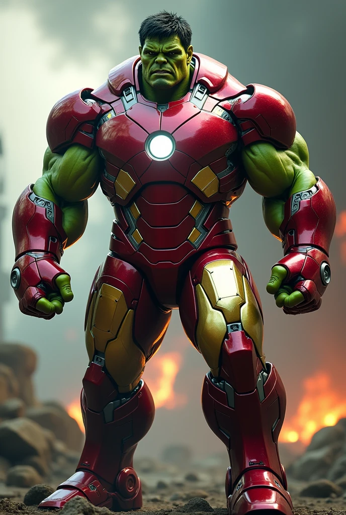 a muscular green humanoid creature,the incredible hulk,wearing a complete red and gold iron man armor,full body,extremely detailed,photorealistic,high quality,4k,8k,hyperdetailed,ultra-detailed,masterpiece,dramatic lighting,cinematic,epic,powerful,intense,dynamic pose