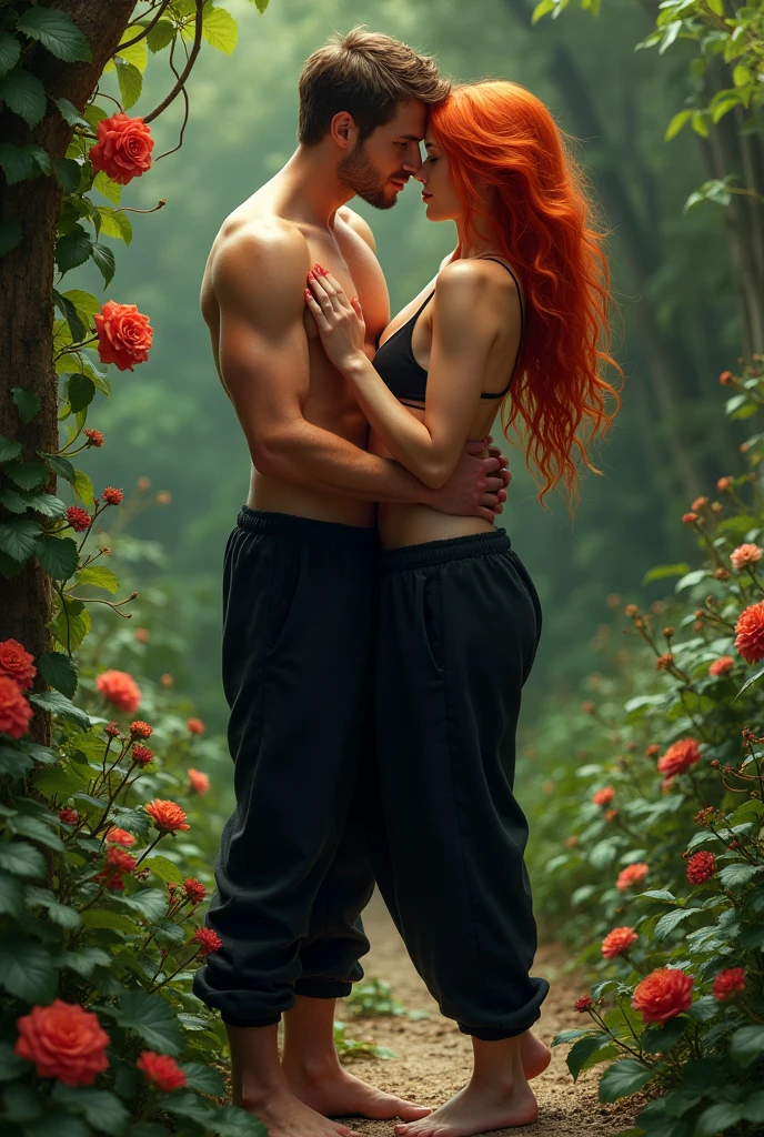 Red-headed, black sweatpants, Braless, Barefoot woman kissing man in garden.