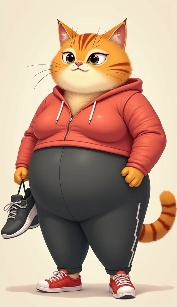 My friend's cat(Plump protagonist)For cats、With shining eyes, she shares the secret to successful dieting。My friend's cat is slim、(Wearing sportswear)、Jogging shoes are in hand。