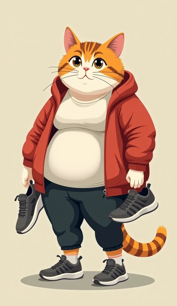 My friend's cat(Plump protagonist)For cats、With shining eyes, she shares the secret to successful dieting。My friend's cat is slim、(Wearing sportswear)、Jogging shoes are in hand。