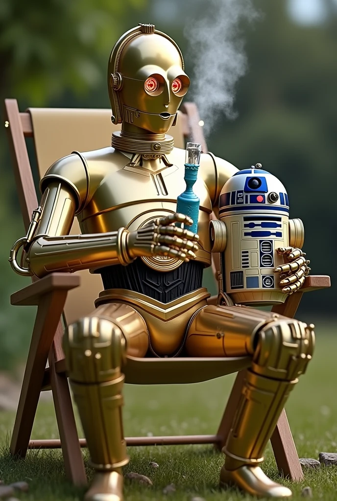 C-3PO smoking a bong that looks like R2-D2 while sitting in a lawn chair