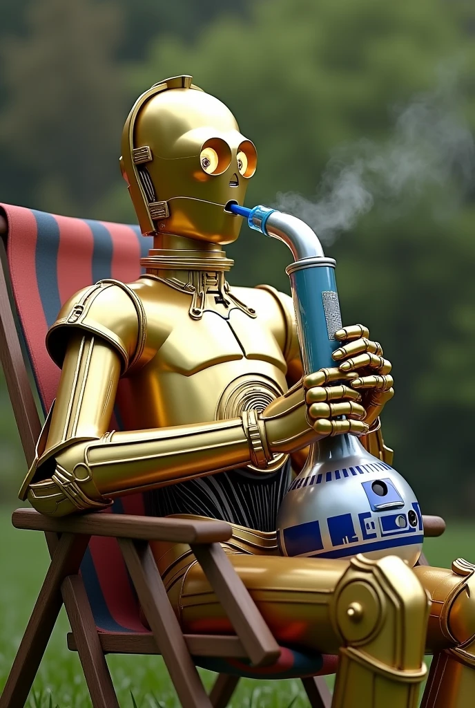 C-3PO smoking a bong that looks like R2-D2 while sitting in a lawn chair