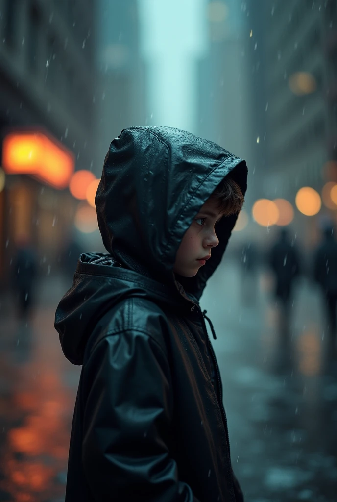 A boys with a hood alone in the rain, real photo, pouring rain, loneliness, best quality, ultra-detailed, realistic, portrait, dark tone, misty atmosphere, wet streets, hooded raincoat, melancholy expression, invisible umbrella, lights sparkling, Urban environment, high resolution, vivid colors, Bokeh, night scene, NYC cityscape.