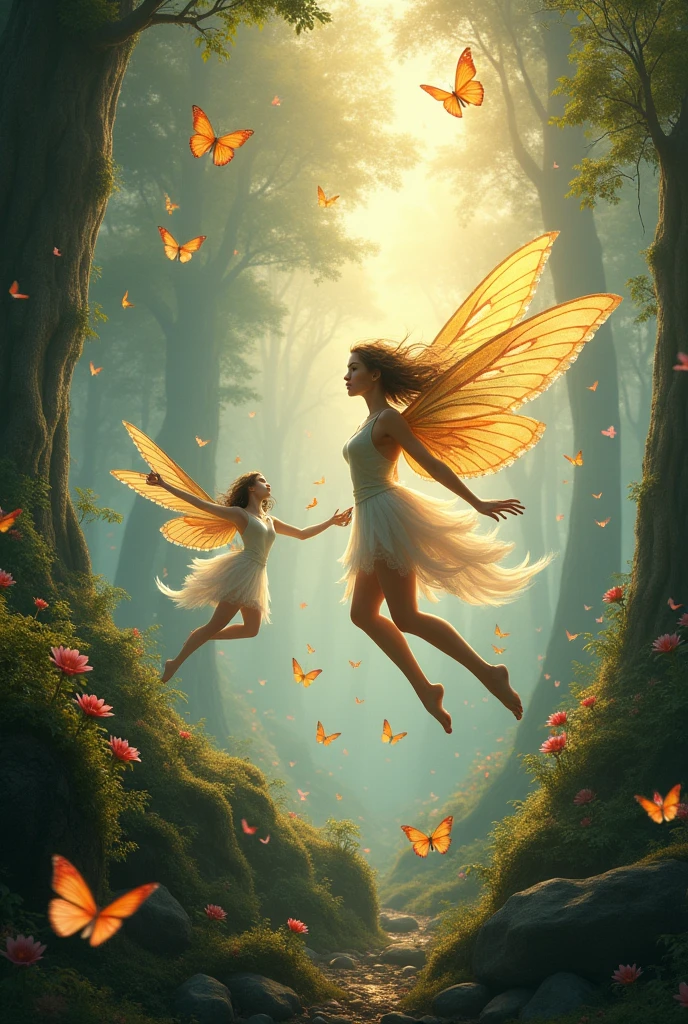 Des fees avec des ailes entourée de papillons dans une majestueuse foret magic au lève du jour 