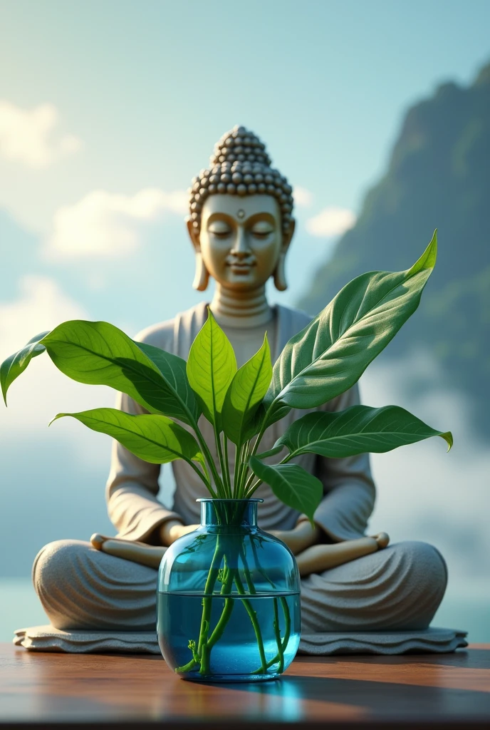 Portrait of gautam budh meditating  in background and in main focous generate a blue bottle in which  fresh big  Epipremnum aureum plant is available  