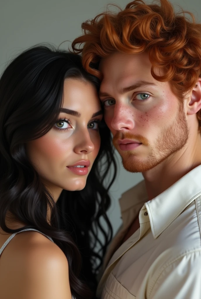 Brunette woman with wavy black hair and dark, slanted eyes next to a red-haired man with curls and freckles