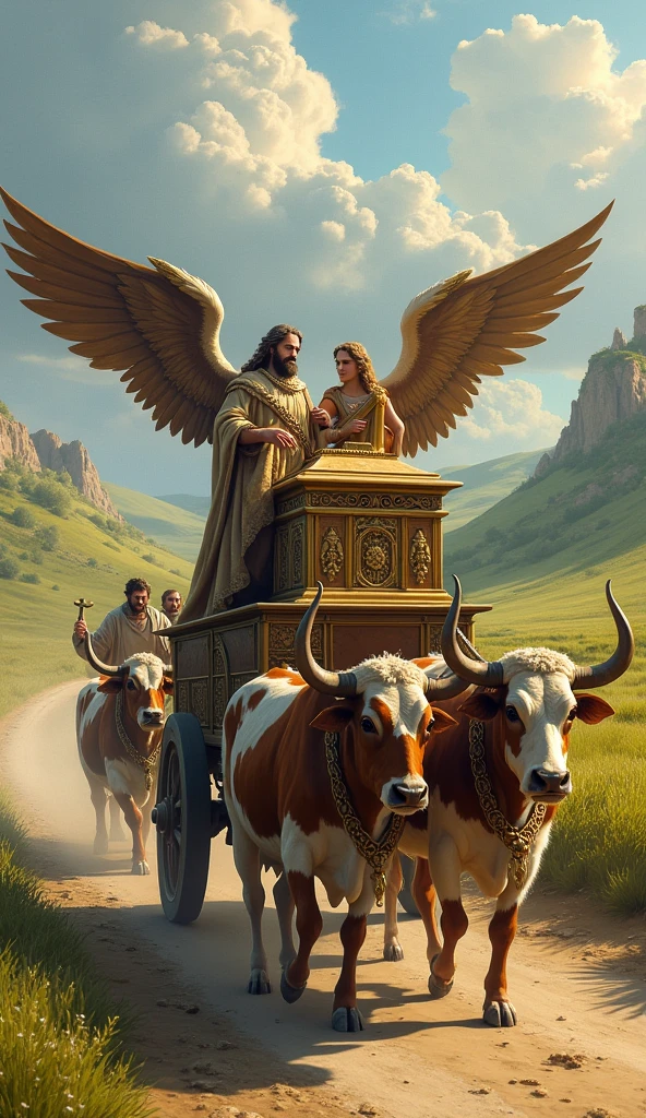 The Ark of the Covenant with two cherubim facing each other with their wings spread out on top of the ox cart, oxen in front and King Solomon playing the harp happily, Dirt road.