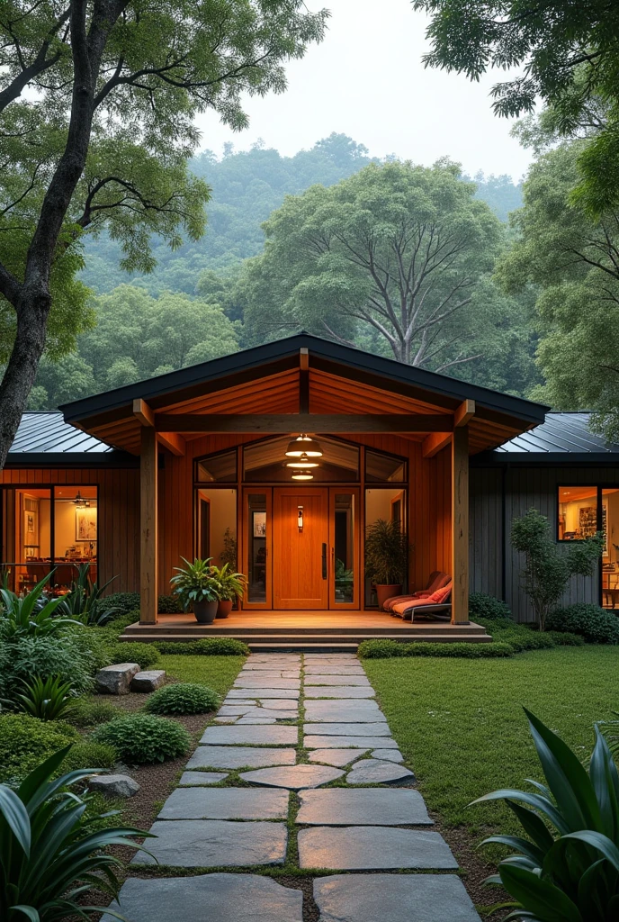 create an image of the entrance of a house with a modern rustic style, with Atlantic forest landscaping that is cozy in the style of a country house