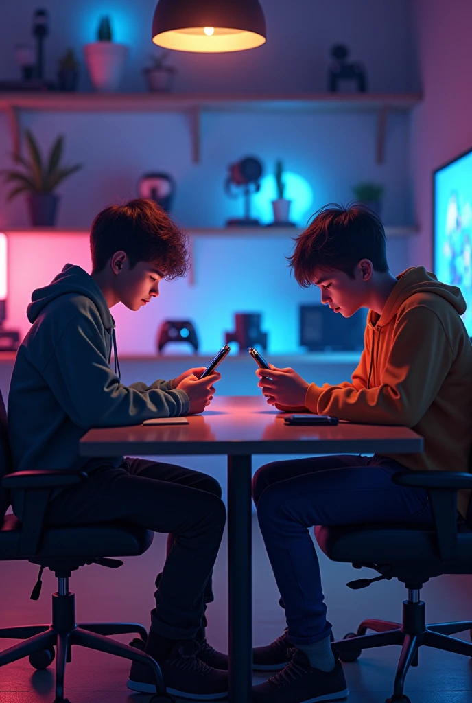 Young people facing each other at a table playing on their cell phones horizontally in a gamer room