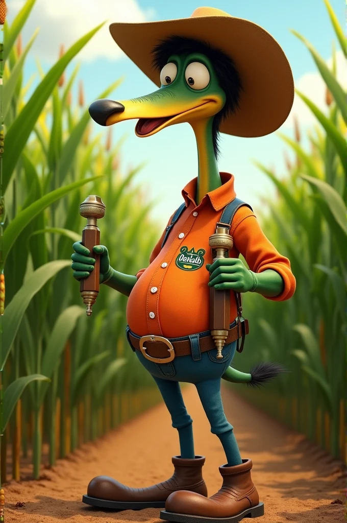 I would like an image of Rango from the movie, with a noticeable belly, dressed in work shoes (burros), standing in the middle of a cornfield. The character should be holding manual counters, like the ones used to count objects or people. The environment should be detailed, with tall, green corn, and the character should be in a pose that reflects that they are counting something important in the field. Additionally, please include the Dekalb brand logo on the character's shirt