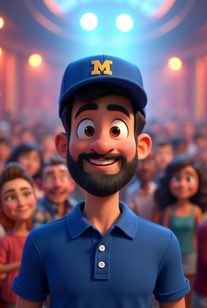 Pixar-inspired 3D poster capturing a background scene with a 3 man with a short, dark beard , square face white man with black hair to the side short lumberjack style dressed in blue polo shirt or suit with a blue cap with the letter m on the cap light skin color happy in a studio where there is an audience