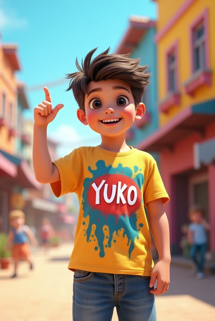 A boy is pointing with his hand and showing his T-shirt with Name Yuko written on it.