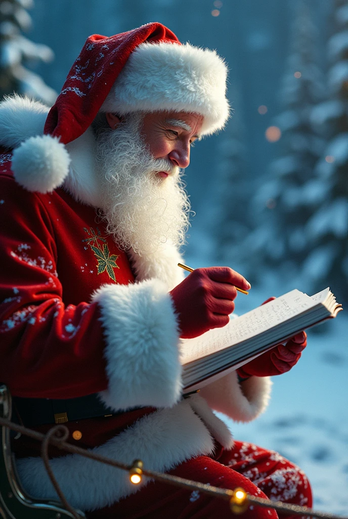 Santa, in his red suit trimmed with white fur, diligently prepares his sleigh for departure. The image hyper realist cyberpunk, showcasing Santa's rosy cheeks and twinkling eyes as he checks and double-checks his lists and gifts. The snowy landscape around him glistens in the moonlight, adding a touch of magic to the scene. Every detail, from the intricate patterns on his suit to the gleaming bells on the reins, is expertly depicted, creating a captivating and enchanting image of Christmas cheer and anticipation.