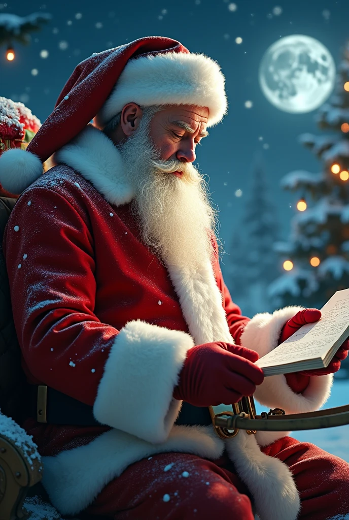 Santa, in his red suit trimmed with white fur, diligently prepares his sleigh for departure. The image hyper realist cyberpunk, showcasing Santa's rosy cheeks and twinkling eyes as he checks and double-checks his lists and gifts. The snowy landscape around him glistens in the moonlight, adding a touch of magic to the scene. Every detail, from the intricate patterns on his suit to the gleaming bells on the reins, is expertly depicted, creating a captivating and enchanting image of Christmas cheer and anticipation.